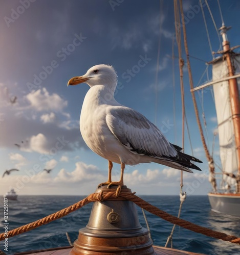 A majestic seagull perched atop a nautical vessel's mast with the horizon in view, seagull, cote d azur, Mediterranean sea photo