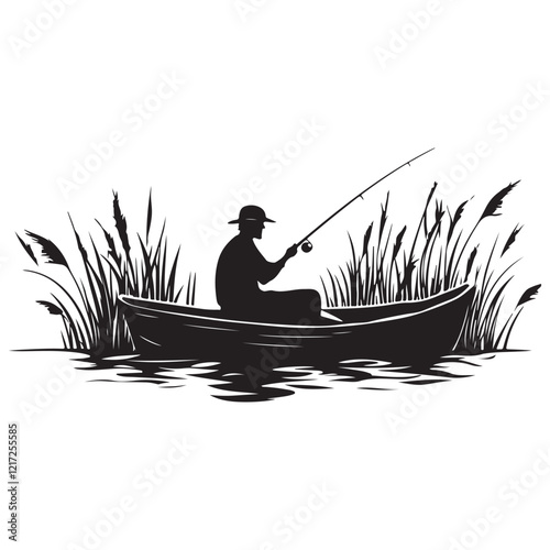 Fishing Silhouette with Nature Elements