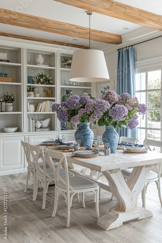 In a real photo, the dining room interior is shown with chairs, a white table featuring lavender and breakfast, a window with drapes, and a rack of decor