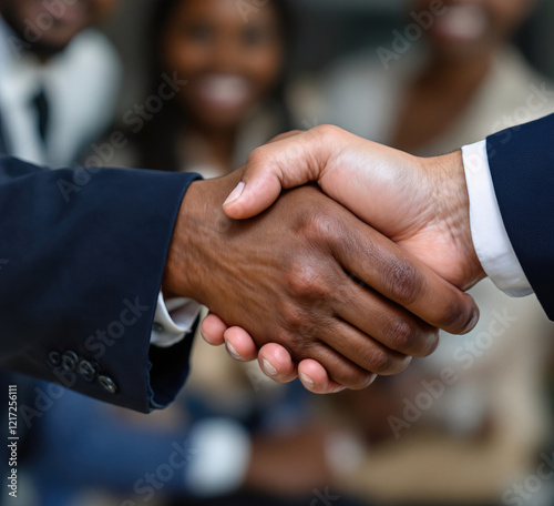 Two business professionals shake hands, symbolizing a commitment to cooperation and mutual respect. The backdrop hints at a diverse workplace culture