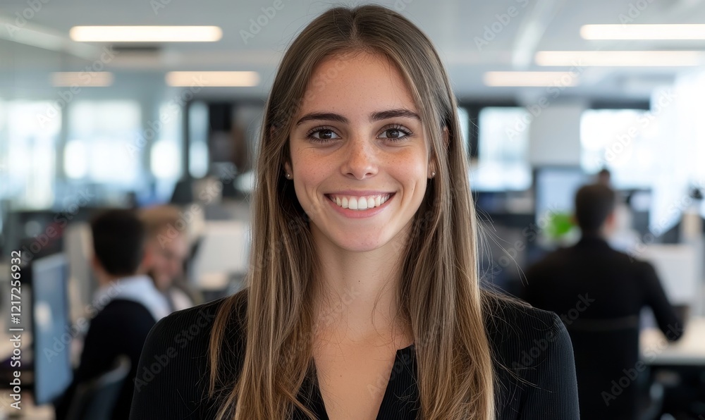 In an office setting, a woman boss with a mission and vision, smiles as her team works around her. This portrays a blend of leadership, management, and corporate success In an office setting, a woman boss with a mission and vision, smiles as her team works around her. This portrays a blend of leadership, management, and corporate success