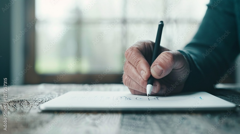 Naklejka premium creative process of sketching ideas with a digital pen on a tablet