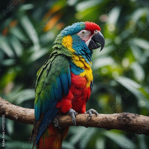 A vibrant tropical parrot with multicolored feathers perched on a branch.