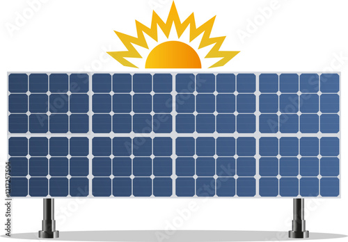 A high-quality solar panel isometric with sun. Solar battery panel. Green technology concepts. Clean renewable energy. Eco, green energy. 