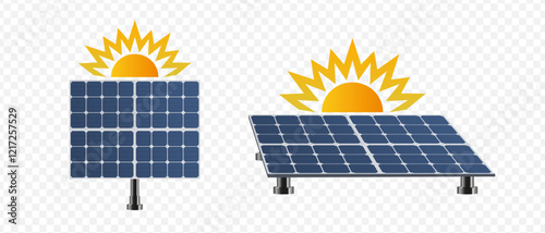 A high-quality solar panel isometric with sun. Solar battery panel. Green technology concepts. Clean renewable energy. Eco energy