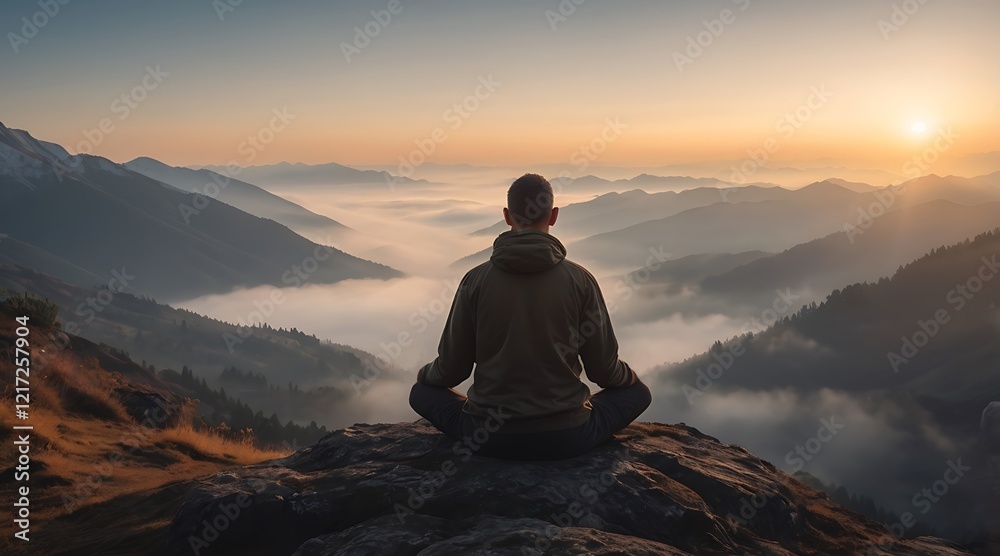 A young man is sitting on a rock on top of a mountain, his back to us, looking at the mountain landscape. Relaxed and mindfull in lotus position A young man is sitting on a rock on top of a mountain, his back to us, looking at the mountain landscape. Relaxed and mindfull in lotus position