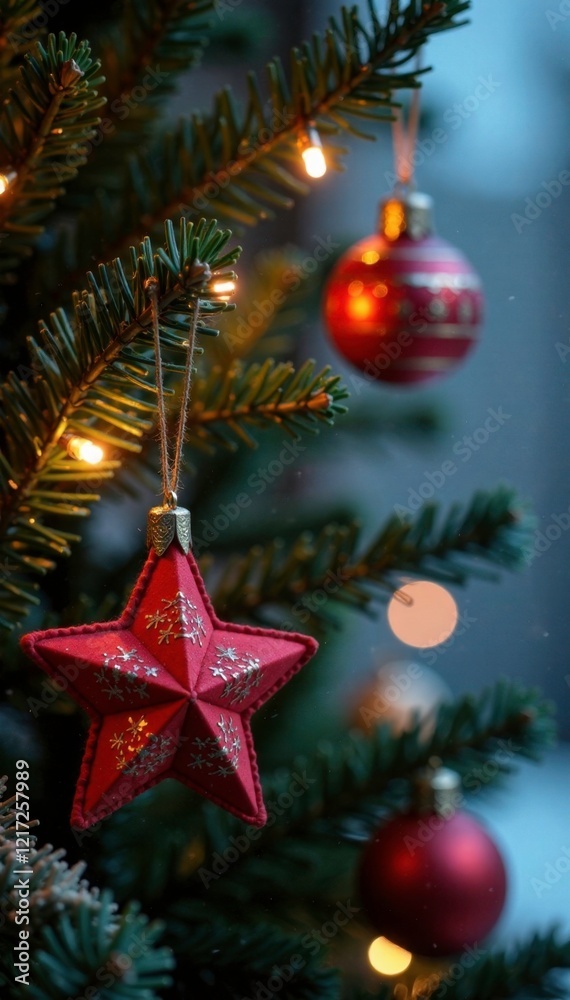 Felt star ornaments scattered on a Christmas tree branches, Holiday Lighting, Christmas Eve, Winter Wonderland Felt star ornaments scattered on a Christmas tree branches, Holiday Lighting, Christmas Eve, Winter Wonderland