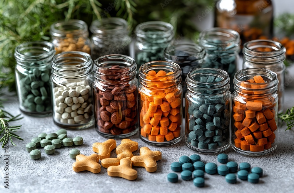 Medical products for animals like natural supplements, oils, medicines, and treats including bones, featured on a gray background Medical products for animals like natural supplements, oils, medicines, and treats including bones, featured on a gray background