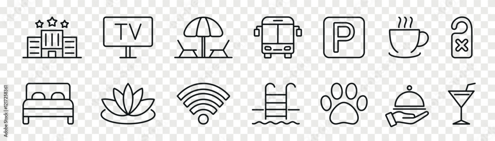 Hotel and hostel service and hospitality outline icons set Hotel and hostel service and hospitality outline icons set