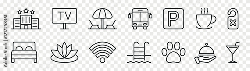 Hotel and hostel service and hospitality outline icons set