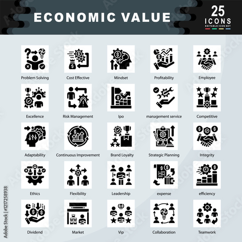 Economic Value icon set containing Problem Solving, Cost Effective, Mindset, Profitability, Employee, Excellence, Risk, Ipo, management service, Competitive, Adaptability icon. Simple glyph vector