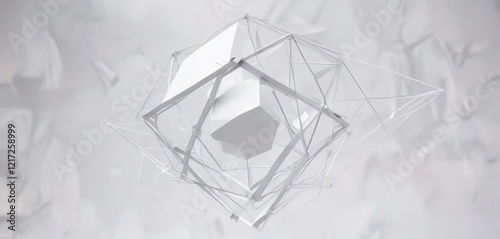 Geometric shapes and lines intersect in mid-air against a pristine white backdrop,  clean,  simple