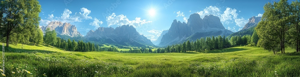 Obraz premium A landscape featuring mountains, showcasing the panoramic view of Sass Rigais and Furchetta from the Val di Funes (Villnösstal)