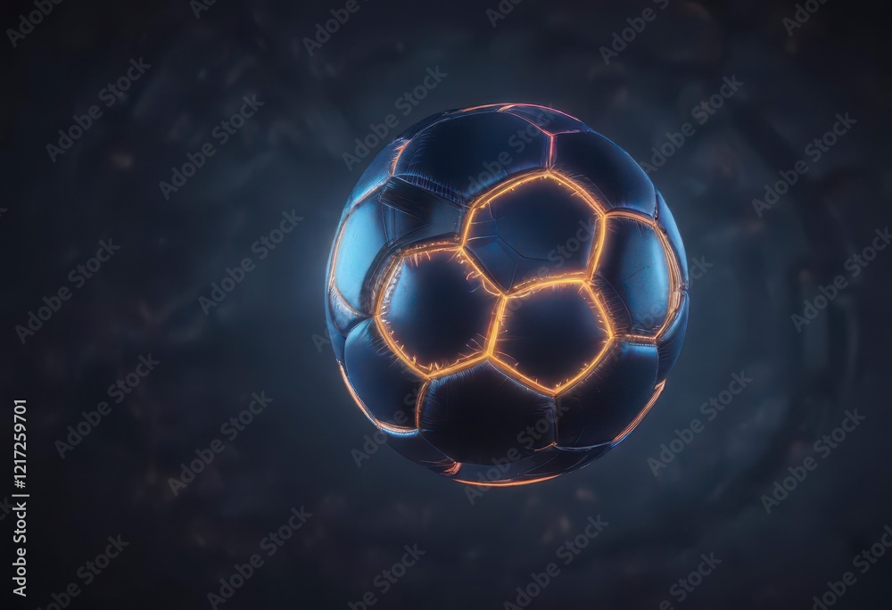 Naklejka premium Glowing neon soccer ball suspended in mid-air over dark blue background, glowing neon, sports equipment