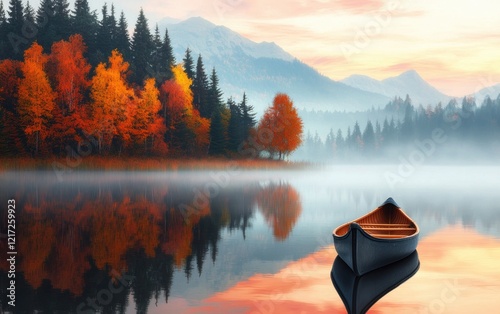 Serene autumn lake canoe at sunrise mistshrouded mountains reflecting in the still water photo