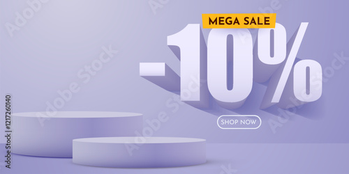 10 percent Off. Discount creative composition. Product presentation, mock up, podium. Sale banner and poster. Vector illustration.