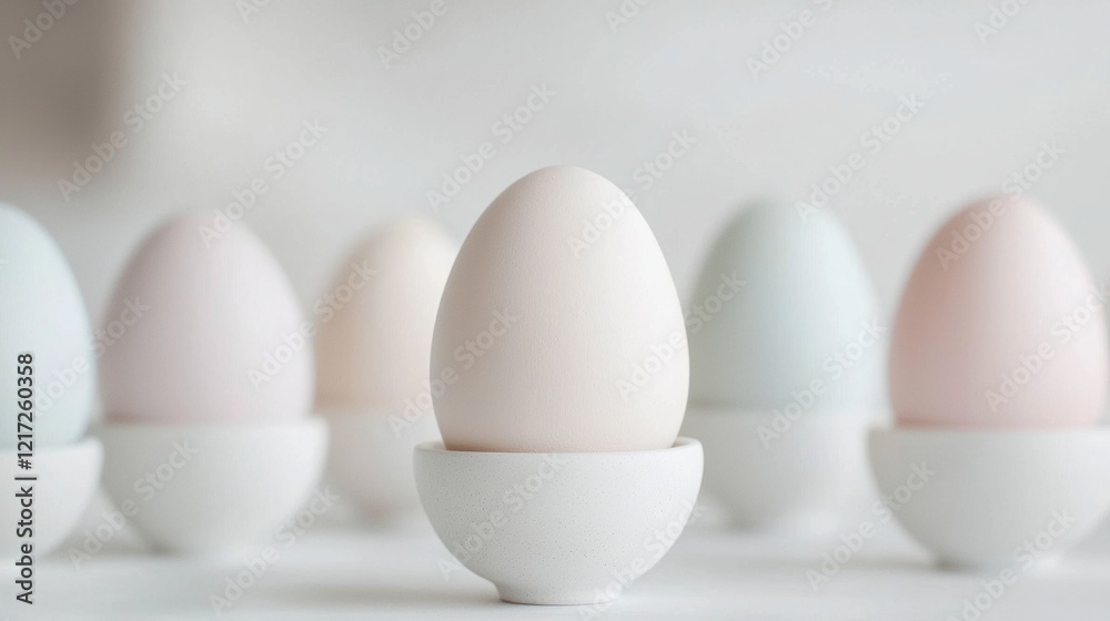 Group of six white eggs arranged in a row on a white surface. Group of six white eggs arranged in a row on a white surface.