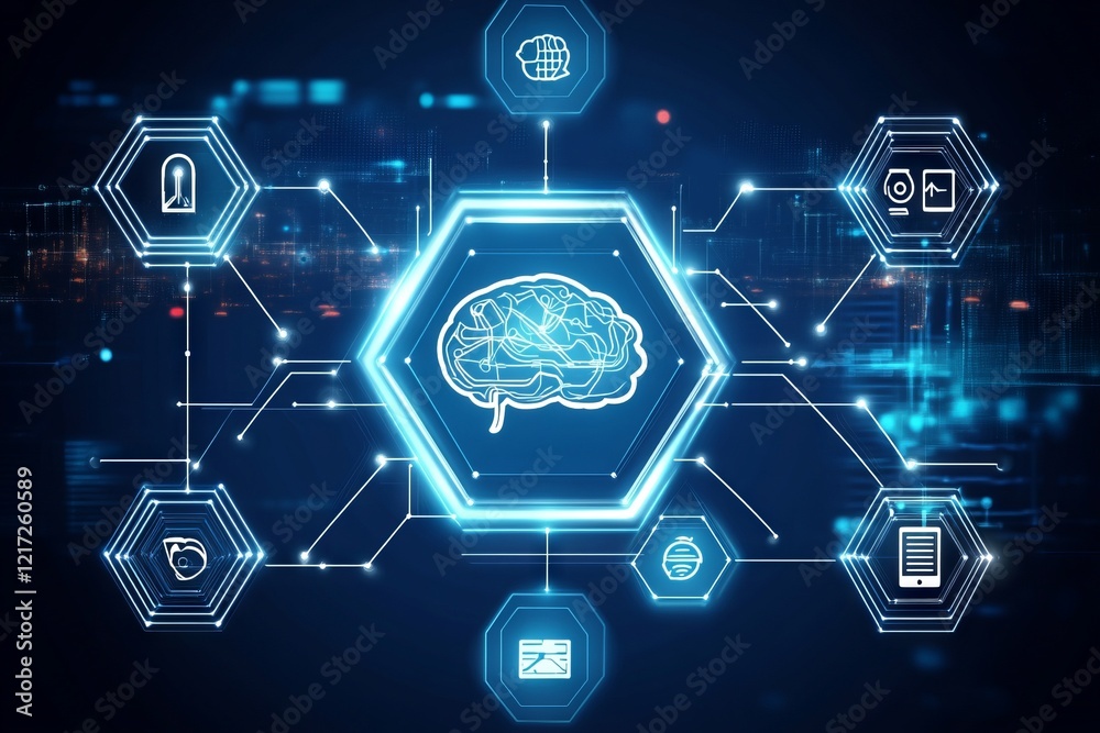 A computer screen with a brain and many other icons A computer screen with a brain and many other icons