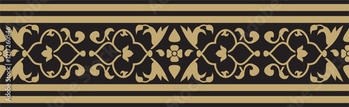 Vector gold and black endless Turkish national ornament. Seamless ottoman border, frame. Ethnic floral pattern of Seljuk Turks. Decoration of the Sultan's palaces