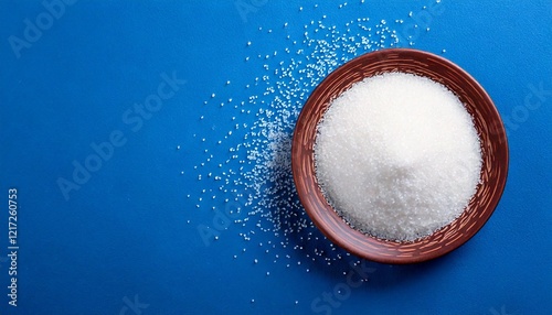 Close up photo of granulated sugar on a plain color background photo