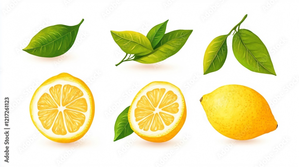 Vibrant Fresh Lemon Whole and Half Cut with Leaves Illustration Vibrant Fresh Lemon Whole and Half Cut with Leaves Illustration