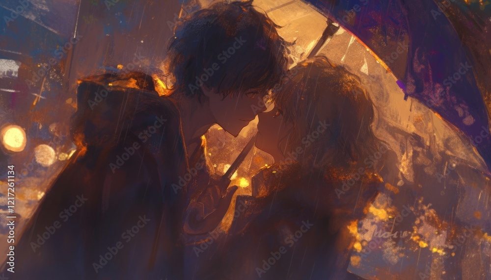 Fototapeta premium A Romantic Couple Sharing an Umbrella in the Rain