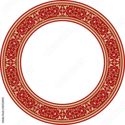 Vector gold with red round Turkish national ornament. Ottoman border, frame. Ethnic floral circle, ring, Seljuk Turks pattern. Decoration of the Sultan's palaces