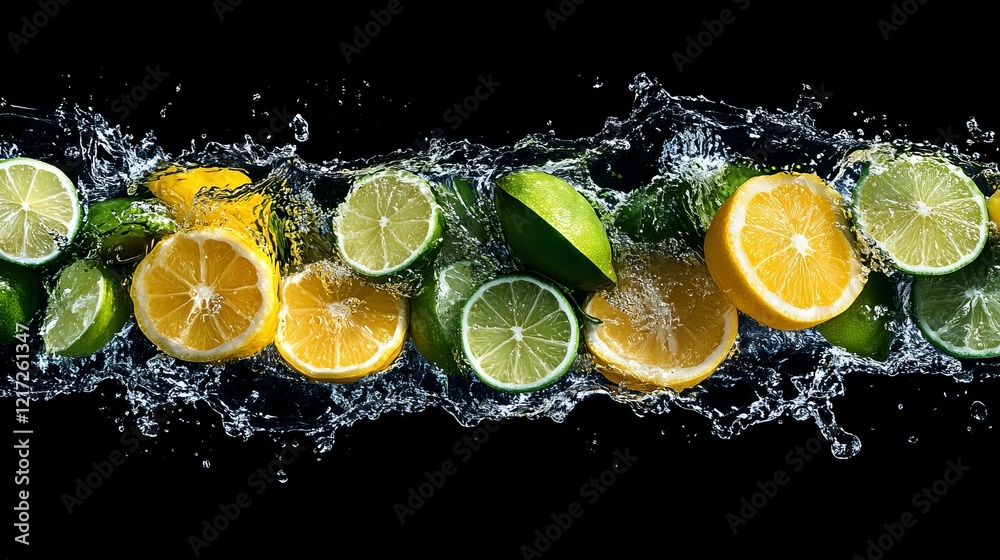 Group of fresh limes and lime slices with a dynamic water splash on a white background showcasing their vibrant green color and juicy texture