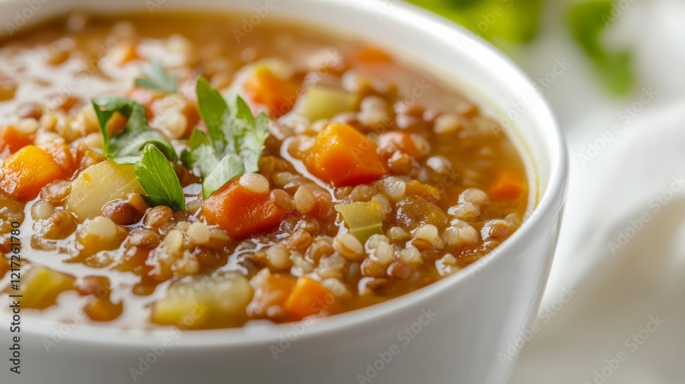 Close-up of rice and lentil soup with carrots and celery in a white ceramic bowl, emphasizing hearty and comforting nature. Ideal for cold weather meals and healthy eating. Close-up of rice and lentil soup with carrots and celery in a white ceramic bowl, emphasizing hearty and comforting nature. Ideal for cold weather meals and healthy eating.