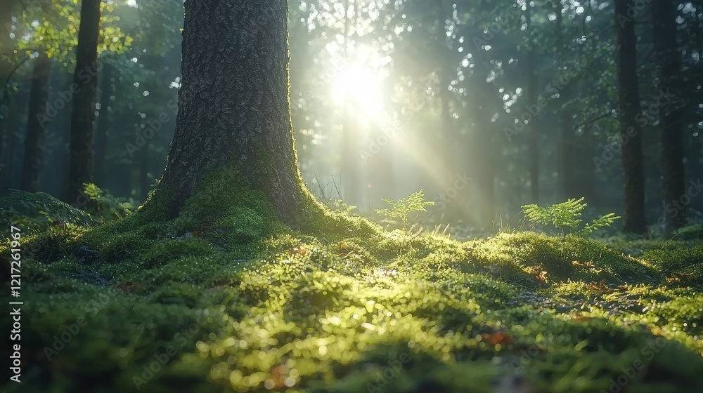 Obraz premium A calm forest clearing bathed in the soft light of pine boughs casting shadows