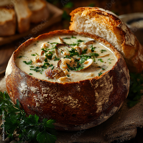 Obraz na płótnie rustic clam chowder in bread bowl