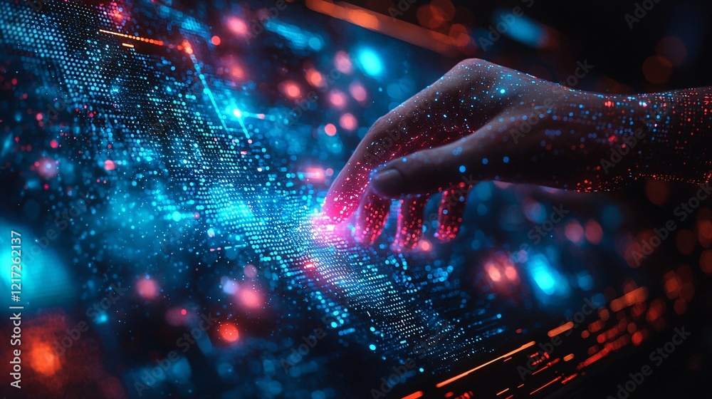 Fototapeta premium futuristic hand interacting with digital interface in sci-fi environment