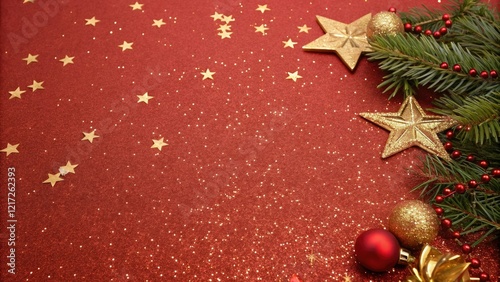 Golden glittery red background with starry night sky and festive decorations, festive decor, holiday, red, Christmas