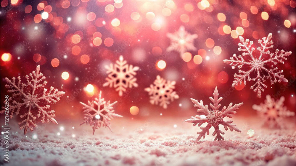 Delicate red bokeh snowflakes fall on a serene winter landscape background, falling, bokeh, falling, bokeh,red, flakes, gentle Delicate red bokeh snowflakes fall on a serene winter landscape background, falling, bokeh, falling, bokeh,red, flakes, gentle