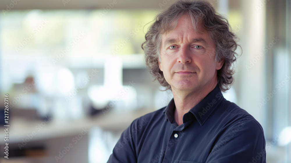 Portrait of middle-age English British Caucasian male in late 40s cross arms musician artist or song writer with wavy medium-length hair Portrait of middle-age English British Caucasian male in late 40s cross arms musician artist or song writer with wavy medium-length hair