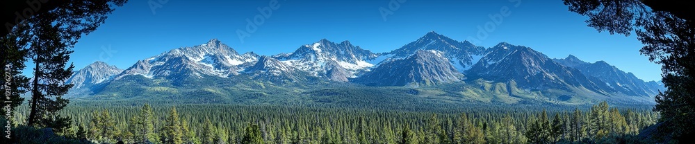 Evergreen forests dominate the valleys in Yosemite National Park, offering a sweeping panorama of wilderness, with the Sierra Nevada mountains, located in California, featuring snow-capped peaks in Evergreen forests dominate the valleys in Yosemite National Park, offering a sweeping panorama of wilderness, with the Sierra Nevada mountains, located in California, featuring snow-capped peaks in