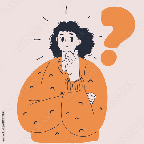 Vector illustration of a woman thinking with a question mark above her head