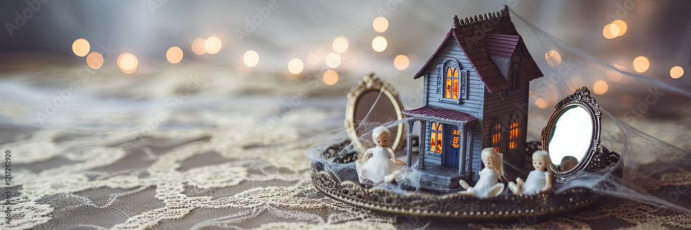 Obraz premium Enchanting Halloween Haunted House Miniature with Angels