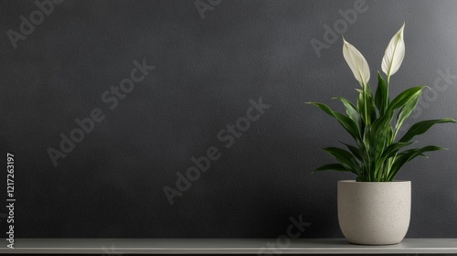 Potted plant on a grey shelf against a dark grey wall. the plant has long, slender leaves with pointed tips and a white pot with small speckles. photo