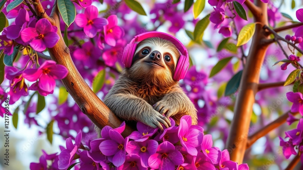 Obraz premium A contented sloth perched on a branch of a colorful tree wearing bright pink headphones and surrounded by a beautiful floral arrangement in a rich purple hue, music player, joyful scene, sloth