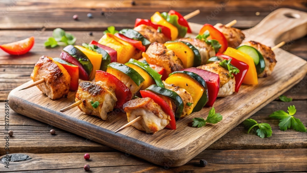 Grilled chicken skewers alternating with colorful bell peppers and onions, all arranged on a wooden plank, ready to be served as a kebab or appetizer , dinner, barbecue Grilled chicken skewers alternating with colorful bell peppers and onions, all arranged on a wooden plank, ready to be served as a kebab or appetizer , dinner, barbecue