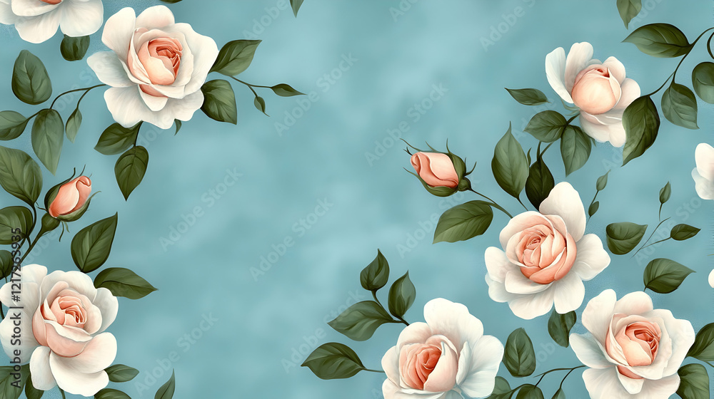 Fototapeta premium Delicate roses in soft hues create a calming atmosphere with lush green leaves surrounding them