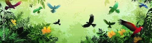 A vibrant scene depicting colorful birds flying above lush green foliage and blooming flowers, capturing the essence of nature's beauty, Prince Jonah Kuhio Kalanianaole Day