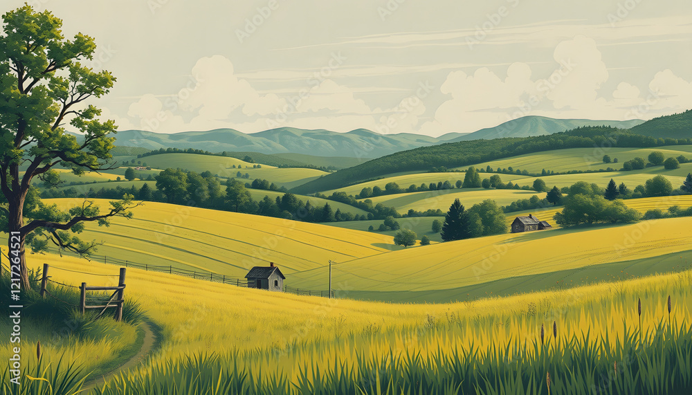 Fototapeta premium Rural scene at the height of summer with hills, meadows, and trees in the distance. hand drawn image in form. vintage inspired poster, dramatic, with white tones