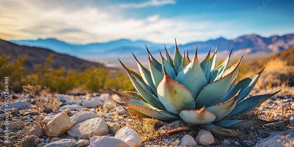 Fototapeta premium Desert agave plant, mountain backdrop, sunset