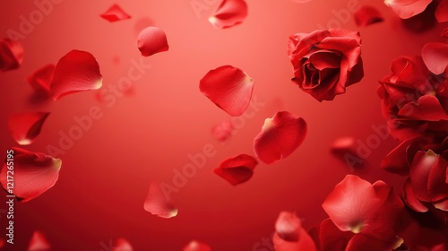 Love in Bloom: A Stunning Display of Passionate Red Roses and Delicate Petals, Adorning a Rich Crimson Canvas, Symbolizing the Beauty and Joy of Love.