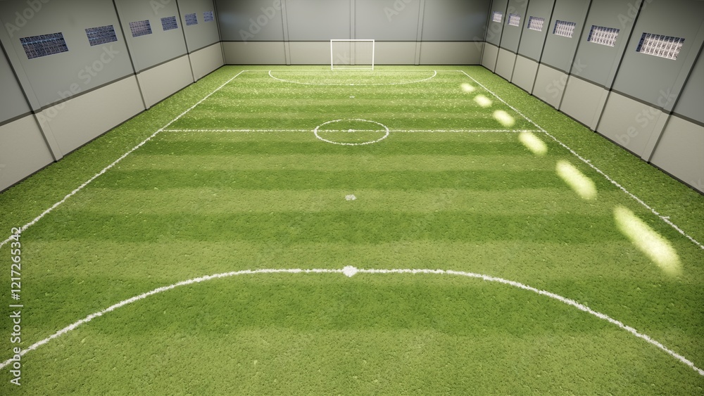 Fototapeta premium 3D Visualization of an Indoor mini soccer Futsal Field Featuring Artificial Turf, Metal Roofing, and Natural Light Panels