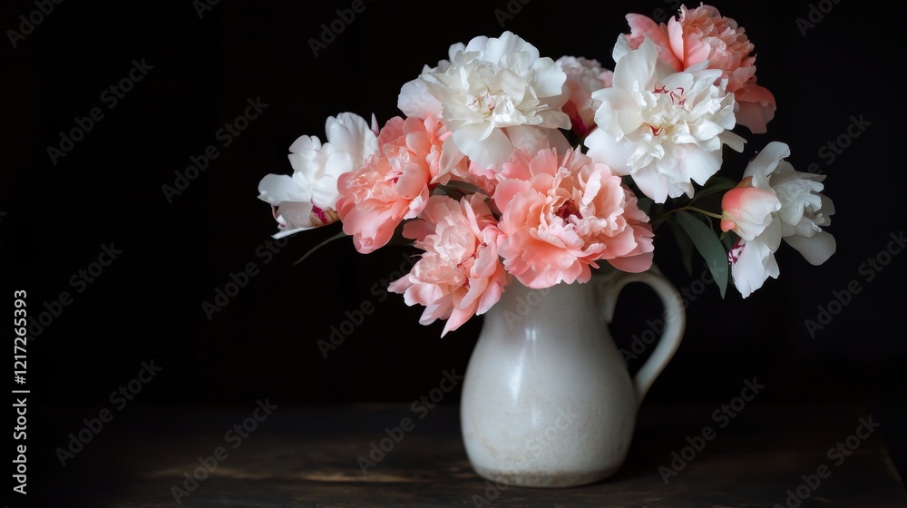 Obraz premium Close-up of a vase of flowers on a wooden table. the vase is white and has a handle on the side.