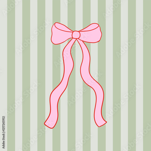 Hand drawn pink wavy bow on striped background. Vector illustration of ribbon. Clipart for holiday greeting cards