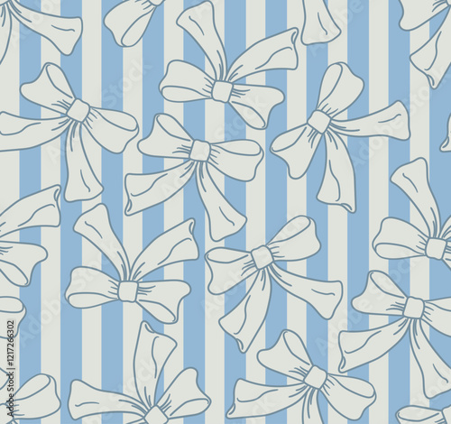 Vintage seamless pattern with bows and stripes. Vector flat background with hand drawn ribbon bowknots. Retro coquette aesthetic